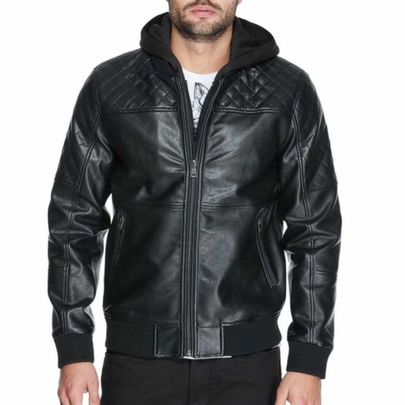 GUESS Timmy Faux-Leather Hooded Moto Jacket SZ S